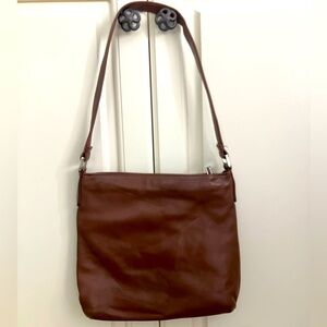 Perlina Brown Leather Zip Up Shoulder Bag Purse Silver Hardware